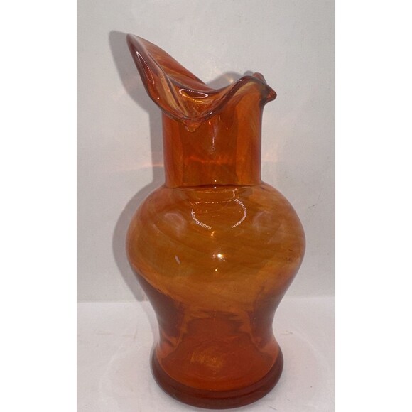 VTG Hand Blown Orange Swirl Art Glass Vase 7” Tall Ruffled Tulip Rim Style Decor - Picture 5 of 8